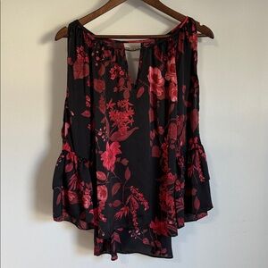 by & by Black and Red Floral Blouse with gold hardware